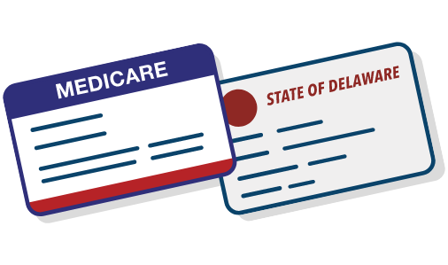 A red, white and blue Medicare card and a State of Delaware Medicaid card