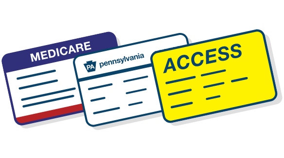 A red, white and blue Medicare card, a Pennsylvania Medicaid card and a yellow ACCESS card