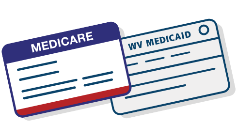 A red, white and blue Medicare card and a WV Medicaid card